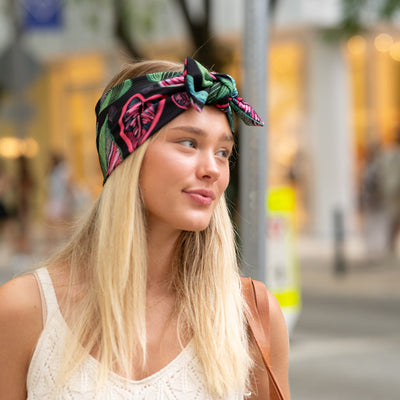 HeadBand With Bow - Black Leaves