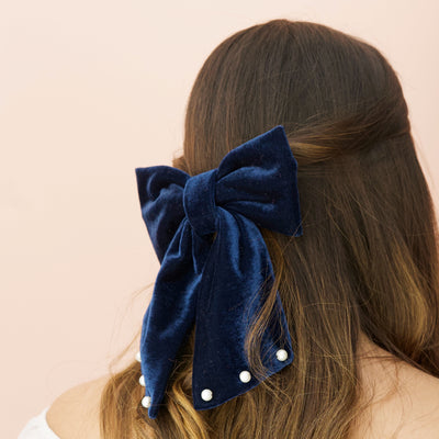 Long Bow - Blue Velvet With Pearls