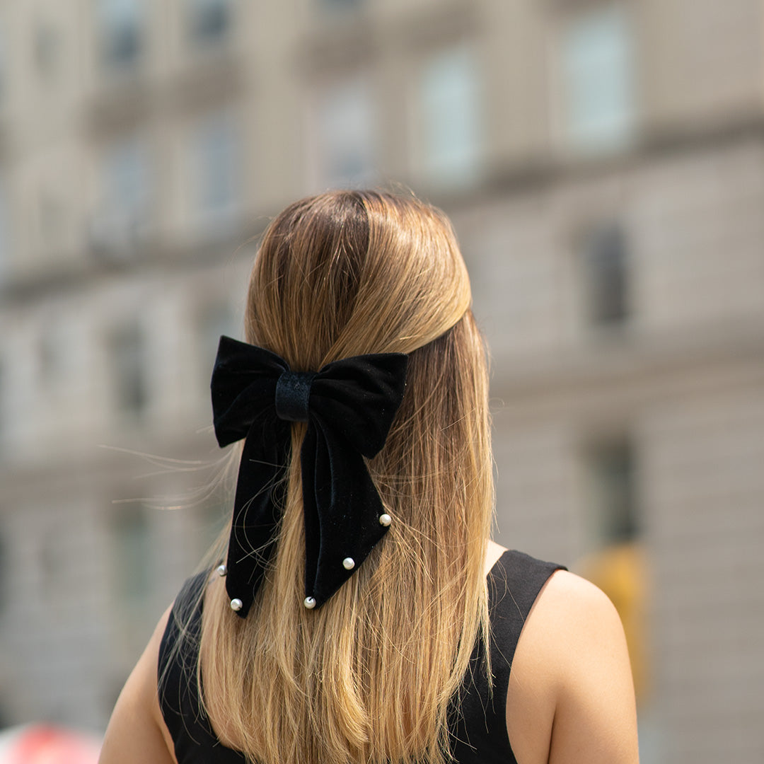 Long Bow - Black Velvet With Pearls